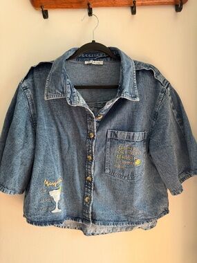 Embroidered Denim Button-Up Shirt with Margarita Motif